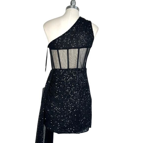 Mac Duggal One Shoulder Sequin Mini Dress Sheer Bustier Side Drape Black 20686 - Picture 14 of 16